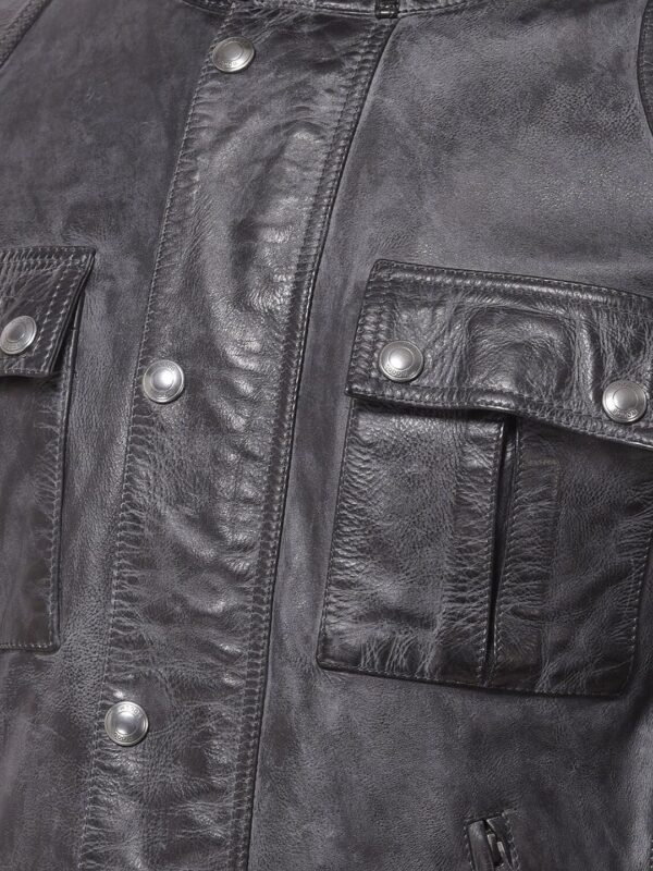 Men Black Leather Water Resistant Longline Bomber with Patchwork Jacket - Image 3